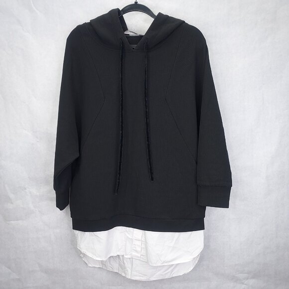 Zara Trafaluc Hooded Sweatshirt Womens XS Black Top White Cotton Shirt Underlay - Picture 1 of 14